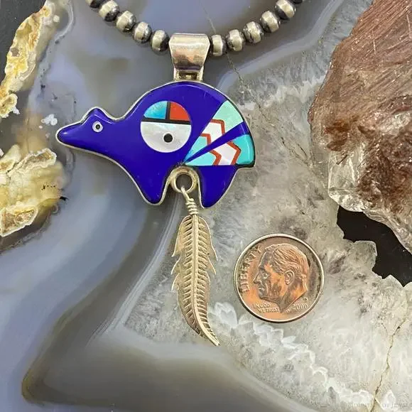 Native American Sterling Multistone Zuni Inlay Fetish Bear w/Feather Pendant - Picture 8 of 10